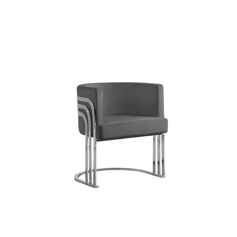 Sleek Barrel Velvet Arm Chair in Gray with Metal Accents