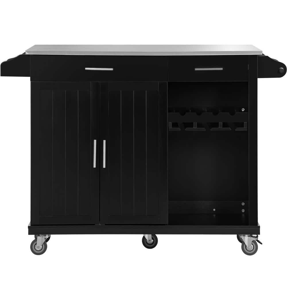 Modern Black Stainless Steel Top 51 in. Kitchen Island on Wheels with 2