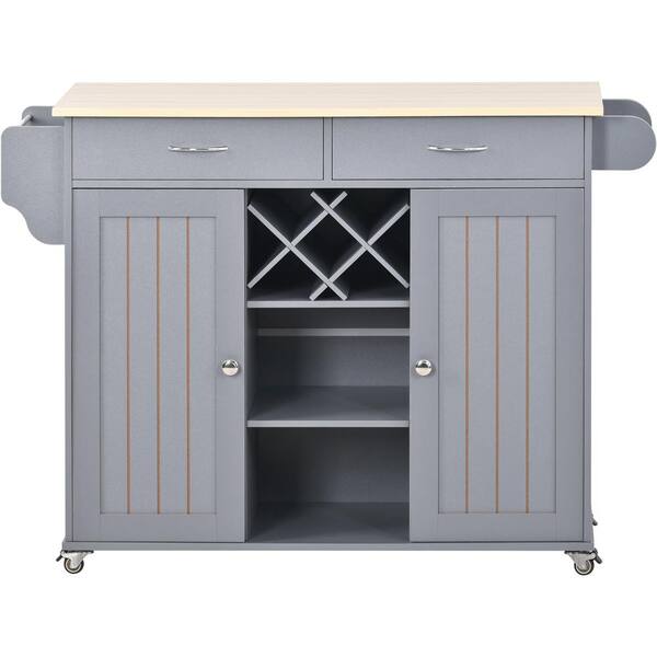 Movisa White Wood 17.71 in. Kitchen Island Cart with 2-Storage Cabinets and 4-Locking Wheels, Wine Rack, 2-Drawers