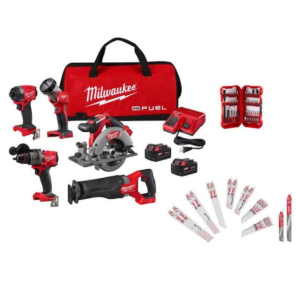 M18 FUEL 18V Lithium-Ion Cordless Combo Kit (5-Tool) w/ 2 5.0 Ah Batteries, Charger, SAWZALL Blades & 45 PC Bit Set