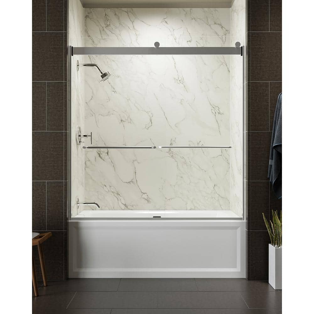 Levity Collection K-706004-L-SH 60"" CleanCoat Frameless Sliding Bath Door with 0.25"" Thick Crystal Clear Glass and Curved Towel Bars in Bright -  Kohler