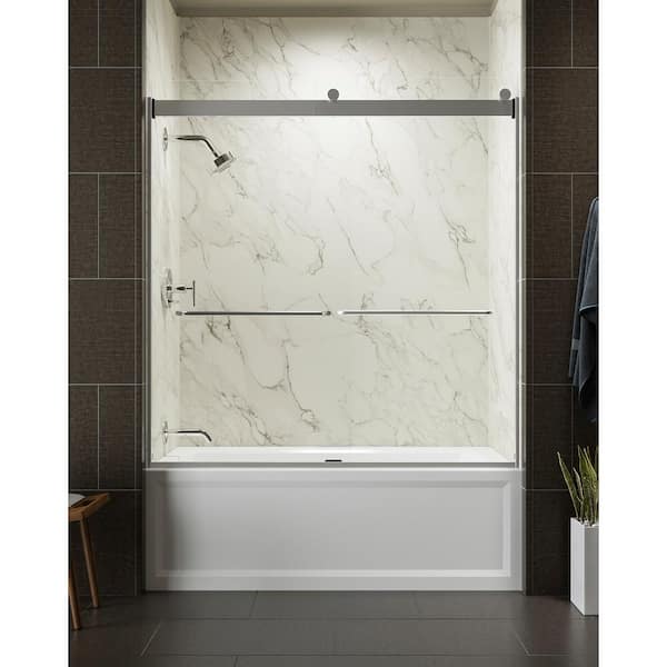 KOHLER Levity 56-60 in. W x 62 in. H Semi-Frameless Sliding Tub Door in Silver frame with Towel Bar