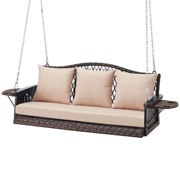 Runesay 56 in. 3-Person Brown Wicker Porch Swing with 8.9 ft. Hanging Chains Khaki Cushions and Cup Holder
