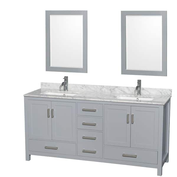 Wyndham Collection Sheffield 72 in. W x 22 in. D x 35 in. H Double Bath Vanity in Gray with White Carrara Marble Top and 24" Mirrors