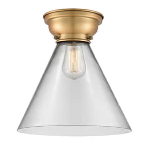 Aditi Cone 12 in. 1-Light Brushed Brass Flush Mount with Clear Glass Shade