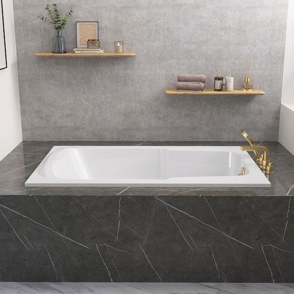 PureDrop 60 in. L x 32 in. W Rectangular Drop-in Soaking Bathtub with Reversible Drain Hole in White