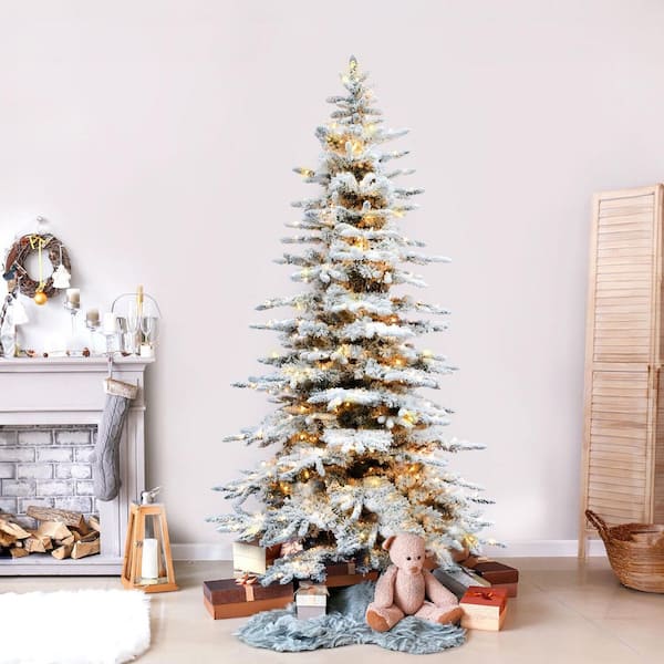 9.0-ft. Pre-Lit Mountain Pine Snow Flocked Artificial Christmas Tree, Warm White LED Lights