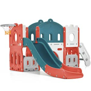 5-in-1 Indoor/Outdoor Freestanding Kids Slide Playset Structure with Castle Climber, Slide and Basketball Hoop, Red