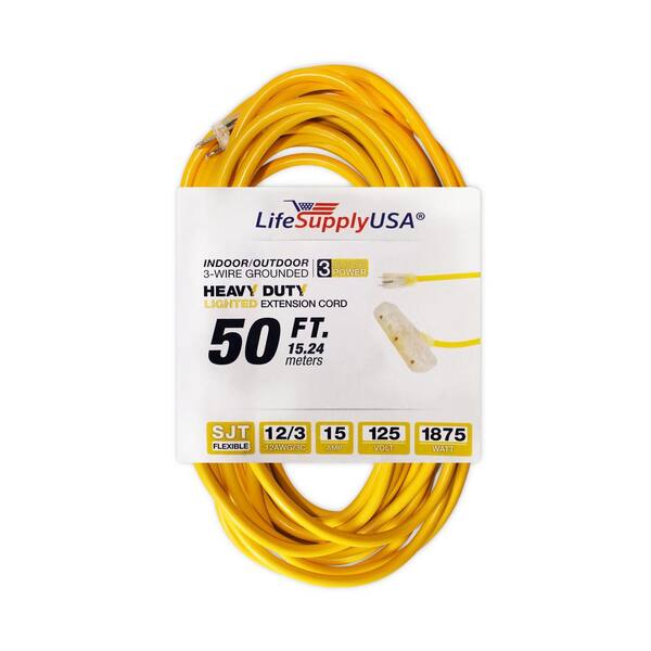 LifeSupplyUSA 50 ft. 12/3 Tri-Source 3-Outlet SJT Indoor Outdoor Vinyl Lighted Electric Extension Cord