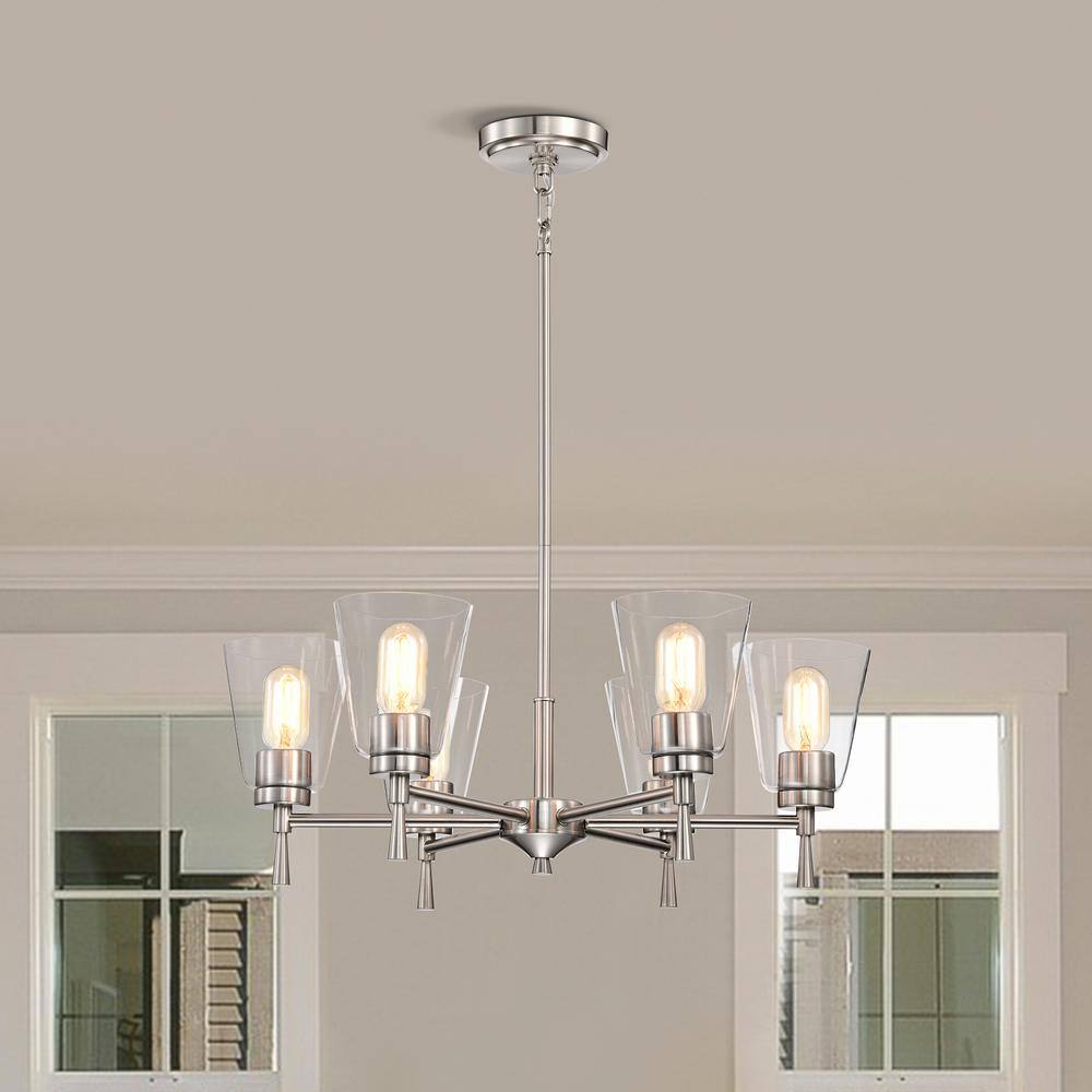 Brushed Nickel 6-Light Modern Chandelier with Clear Cone Glass Shades