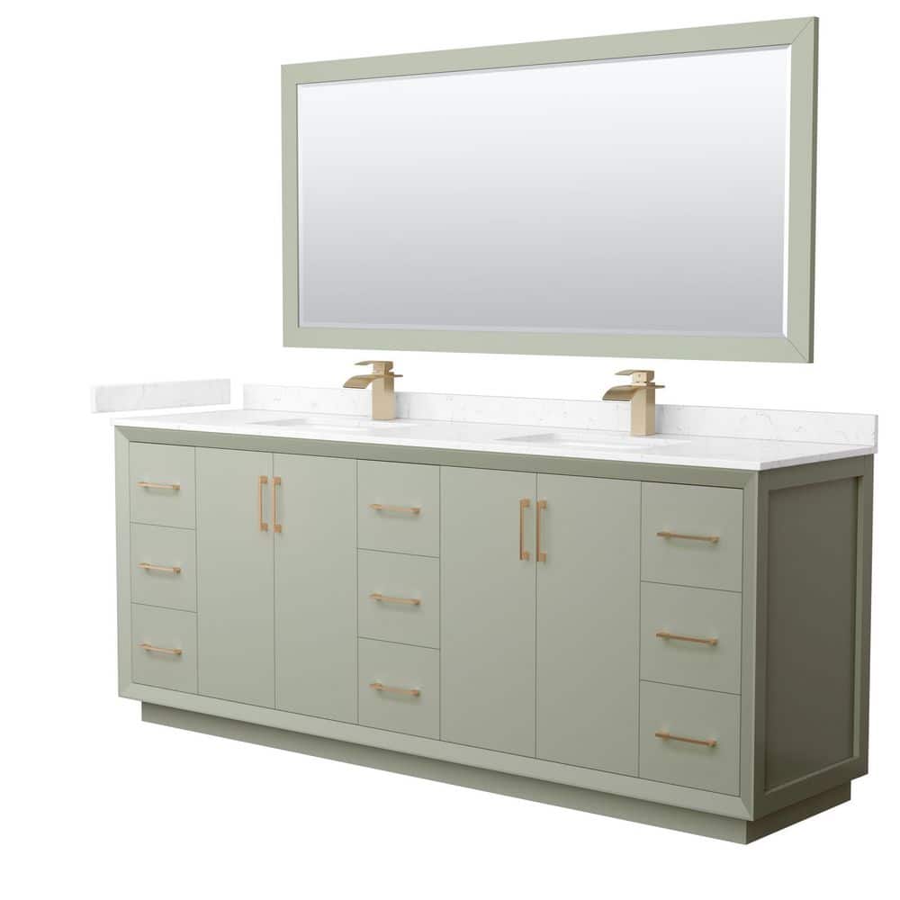 Wyndham Collection Strada 84 in. W x 22 in. D x 35 in. H Double Bath Vanity in Light Green with Carrara Cultured Marble Top and 70"" Mirror, Light Green with Satin Bronze Trim -  840193348868