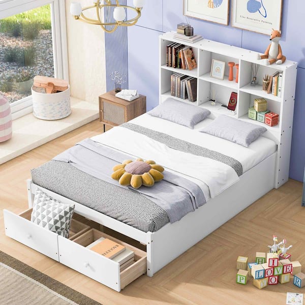 White Wood Frame Full Platform Bed with Storage Headboard, Charging Station and 2-Drawers