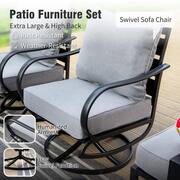 7 Seat 6-Piece Metal Outdoor Patio Conversation Set with Gray Cushions, Swivel Chairs, Rectangular Fire Pit Table