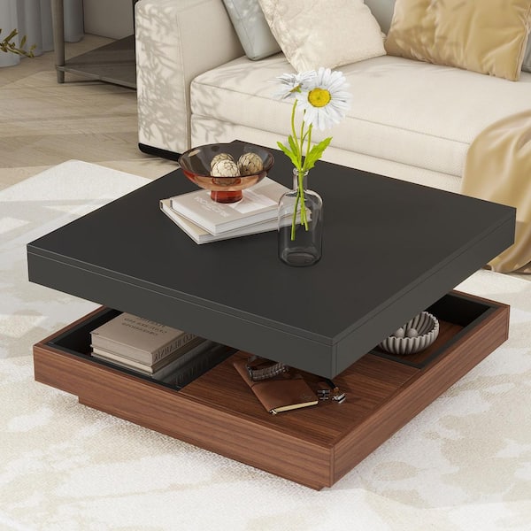 27.6 in. Black Square Wood 360° Rotating Coffee Table with Three Detachable Tray