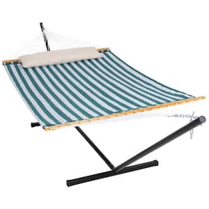 55.1 in. x 78.7 in. Quick Dry Fabric Hammock and 12 ft. Steel Stand with Matching Pillow in Sling-Green Stripes