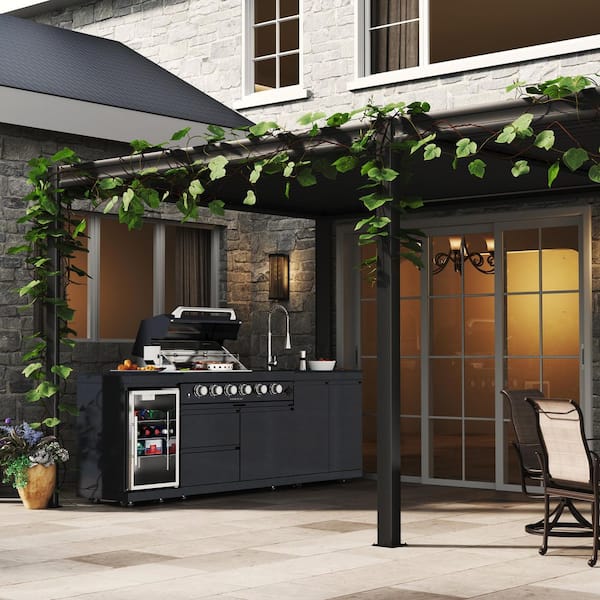 98 in. W 6-Burner Propane Gas Grill Island in Black, with Wine Cooler, Compact Refrigerator, Rotisserie kit