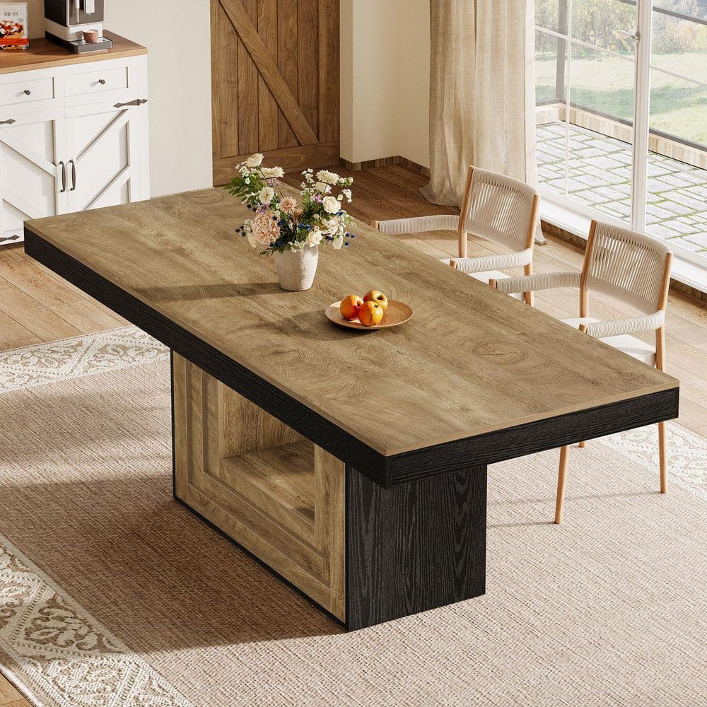 Natural Brown Rectangle 63 in. Wood Pedestal Dining Table Seats 6, Kitchen Table with 1-Shelf for Dining Room, Indoor
