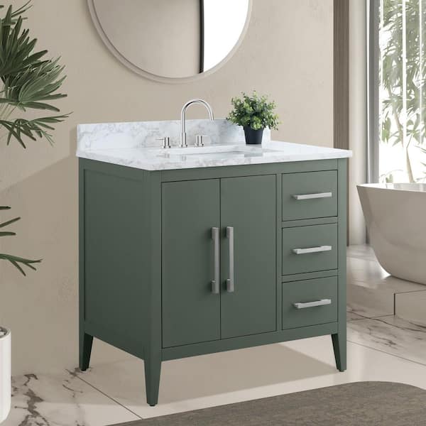 36 in. W x 22 in. D x 34 in. H Single Sink Bathroom Vanity Cabinet in Vintage Green with Engineered Marble Top in White