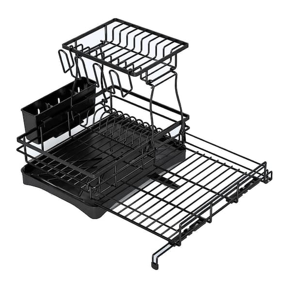 Black Stainless Steel Dish Drying Rack with Double Layer Detachable Design and 360 Degree Rotating Drain Spout