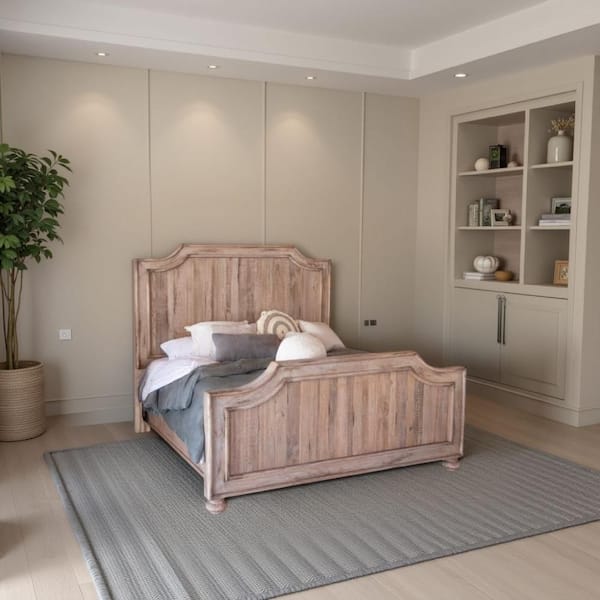 Benjara Genie Sand Brown Wood Frame Queen Size Panel Bed with Mango Wood