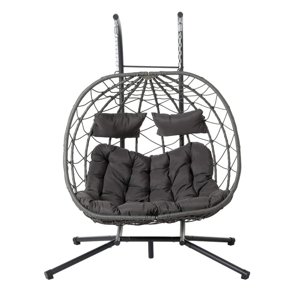 2-Person Swing Hanging Egg Rattan Chair Outdoor Patio Hammock with Light Gray Cushions