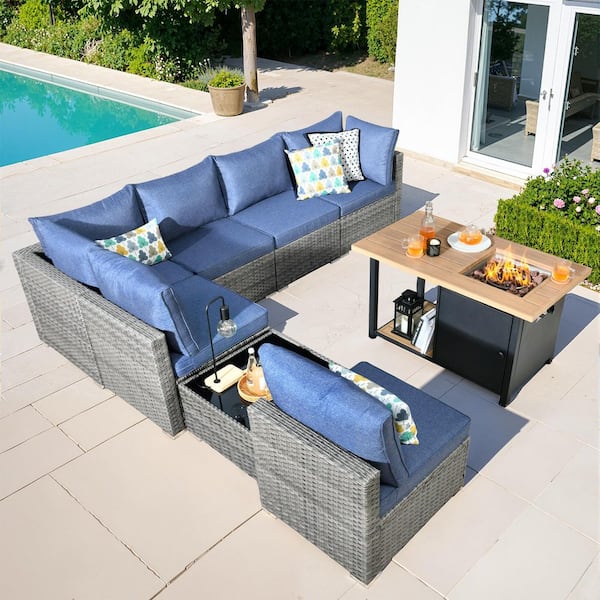 HOOOWOOO Messi Gray 8-Piece Wicker Outdoor Patio Conversation Sectional Sofa Set with a Storage Fire Pit and Denim Blue Cushions