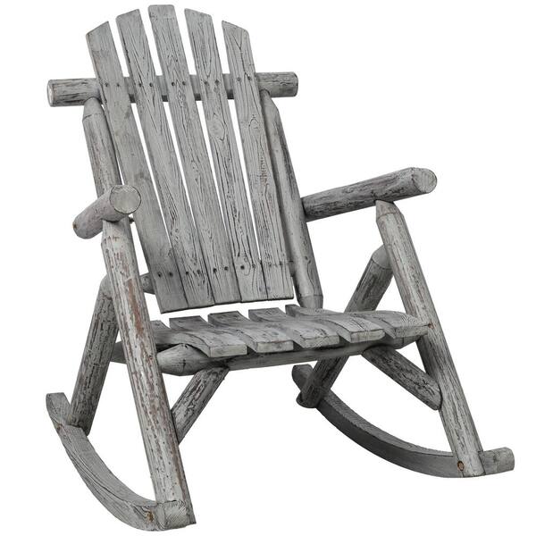 Gray Wood Outdoor Rocking Chair With Wide Seat and Tall Backrest