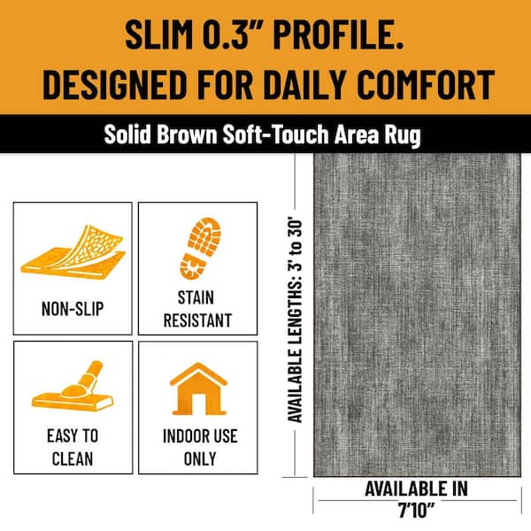 Non-Slip Rubberback Solid Design 8 x 19 Indoor Area Rug, 7 ft. 10 in. x 19 ft., Brown