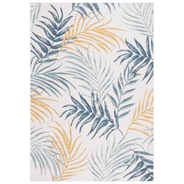SAFAVIEH Sunrise Ivory/Blue Gold 4 ft. x 6 ft. Oversized Tropical Reversible Indoor/Outdoor Area Rug