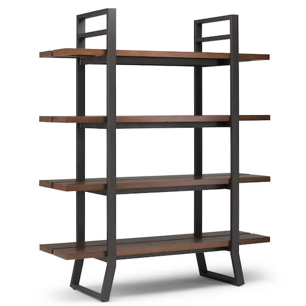 Simpli Home Adler Solid Wood and Metal 66 in. x 54 in. Rectangle Industrial Bookcase in Light Walnut Brown