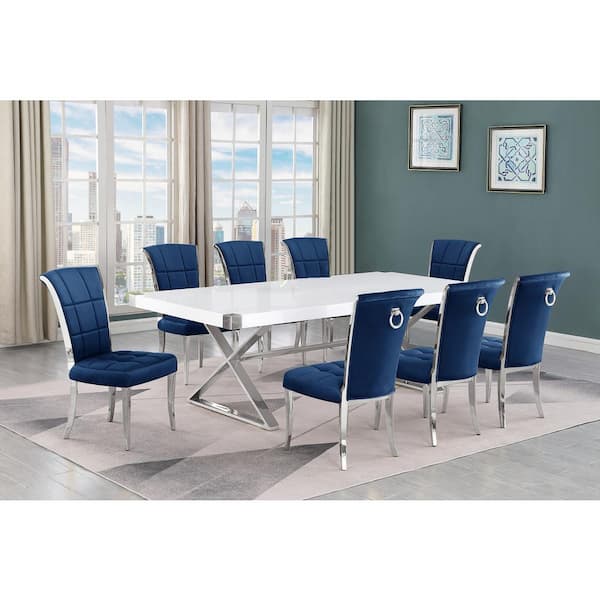 Best Quality Furniture Miguel 9-Piece Rectangle White Wood Top Silver Stainless Steel Dining Set with 8 Navy Blue Velvet Chairs