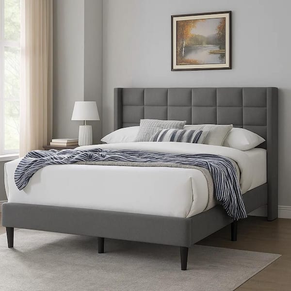 Benjara Zensa Gray Wood Frame Full Panel Bed with Padded Headboard ...