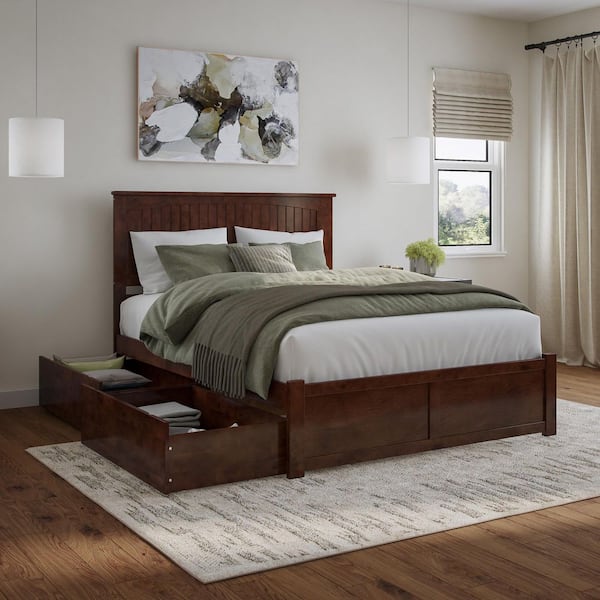 AFI Nantucket Walnut Brown Solid Wood Frame Queen Platform Bed with Footboard and Storage Drawers