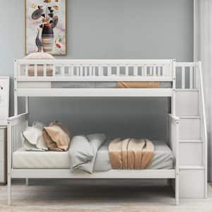 for Bedroom Dorm Solid Wood Bunkbed with Storage and Guard Rail COODENKEY Stairway Full Over Full Bunk Bed with Twin Trundle for Kids & Adults White