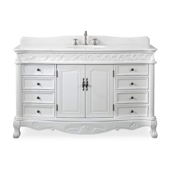 Beckham 56 in. W x 22 in D. x 36 in. H Bath Vanity in Antique White With White porcelain Sink and White Marble Top