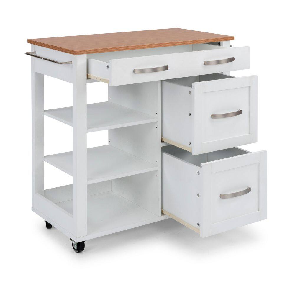 Off-White and Birch Wood Kitchen Cart with Storage