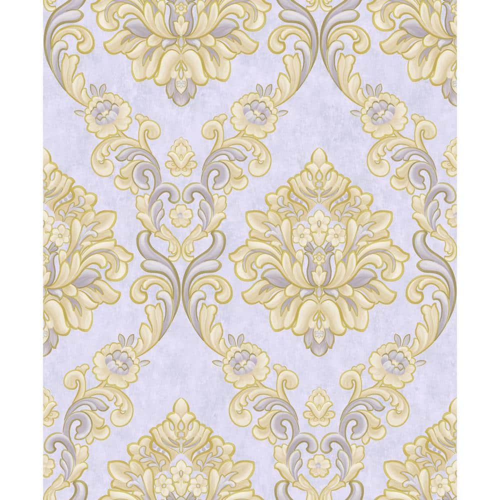 Falkirk Ophia Damask Vines Yellow, Purple Vinyl Peelable Roll (Covers 57 sq