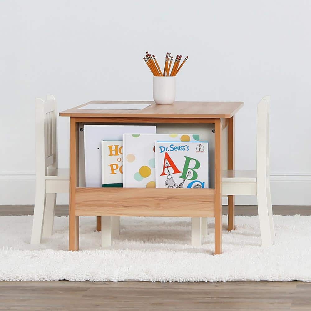 Natural and White Kids' 3-Piece Table and Book Rack Set