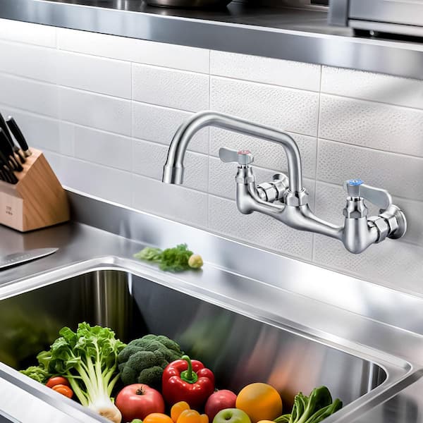 Double Handle Wall Mounted Standard Kitchen Faucet, Commercial Faucet with 8 in. Long Spout in Brushed Nickel