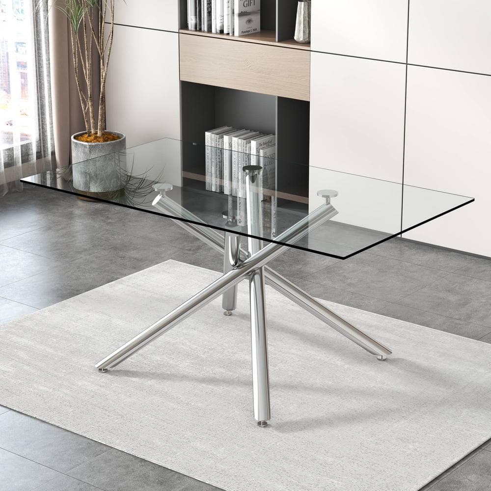 63 Inch Clear Glass Dining Table with Silver Chrome Cross Legs