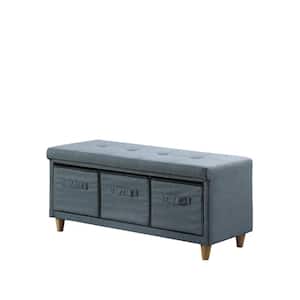 17.5 in. Magnolia Blue gray Tufted Bench with Storage Basket Drawers