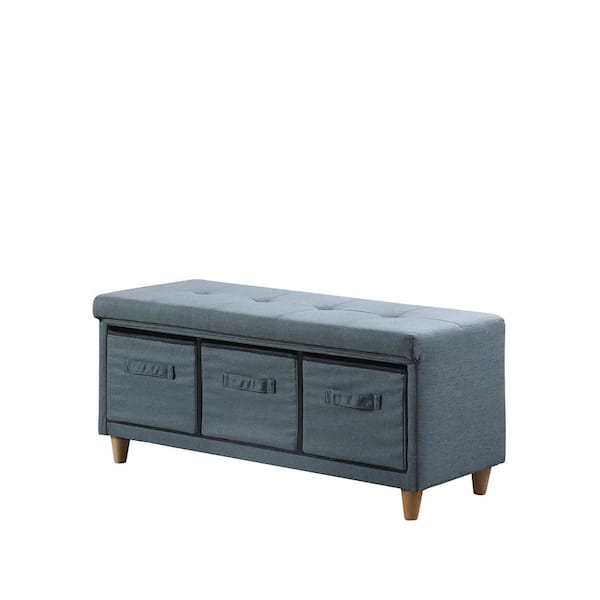 ORE International 17.5 in. Magnolia Blue gray Tufted Bench with Storage Basket Drawers
