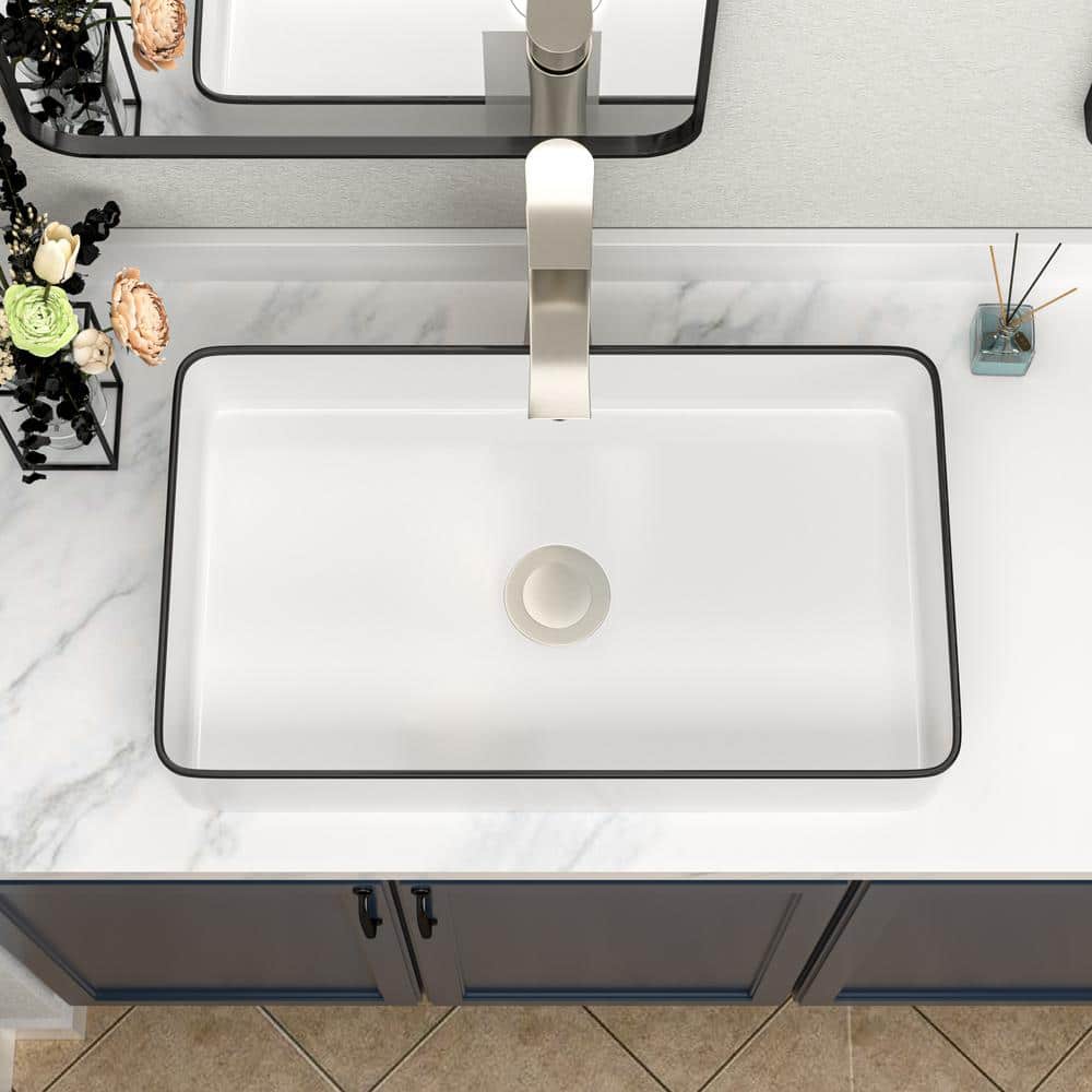 24 x 14 Inch White Ceramic Rectangular Vessel Sink with Black Rim