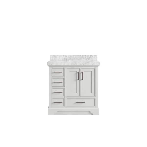 Willow Collections Charlotte 36 in. Right Offset Sink Freestanding White Bath Vanity with Carrara Marble Top