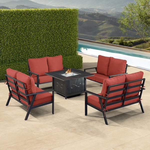 Black 5-Piece Aluminum Patio Fire Pit Set with Red Cushions