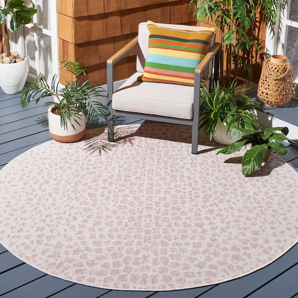 Courtyard Ivory/Blush Pink 7 ft. x 7 ft. Cheetah Geometric Indoor/Outdoor Round Area Rug