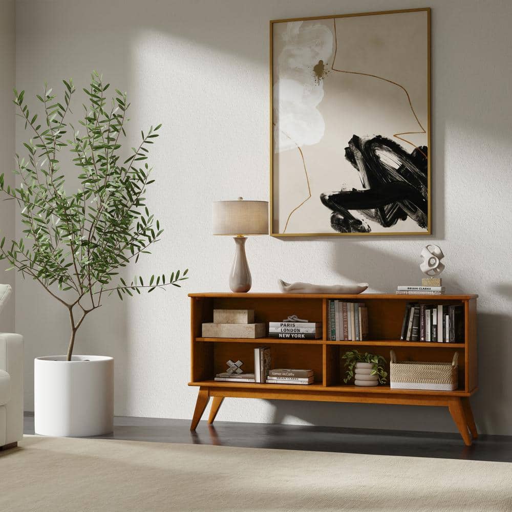 Teak Brown Lacquered Rubberwood Mid-Century Modern 4-Shelf Bookcase