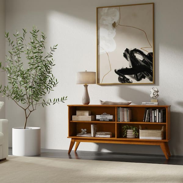 Simpli Home Draper Mid Century Modern 30 in. Tall Teak Brown Solid Hardwood 4 Shelf Low Bookcase AXCDRP 56 TK The Home Depot