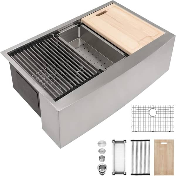 30 in. Undermount Single Bowl 16-Gauge Stainless Steel Farmhouse Apron-Front Workstation Sink with Integrated Ledge