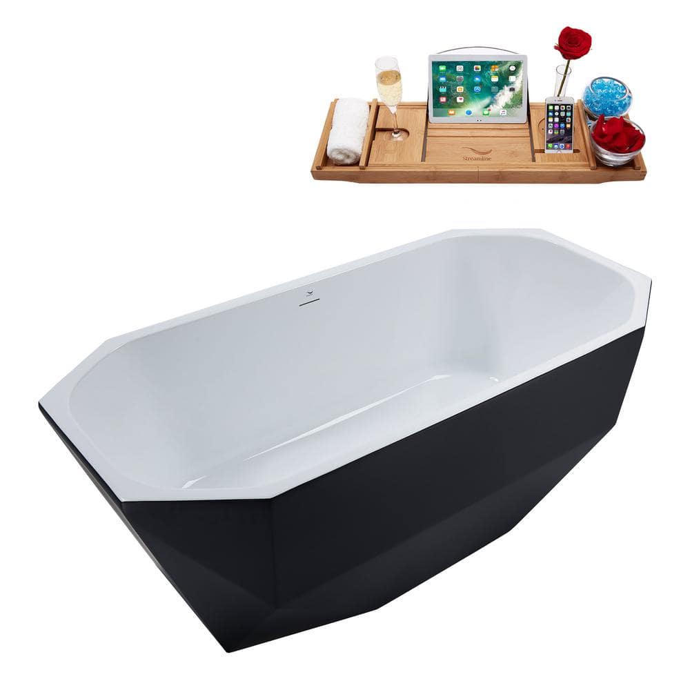 63'' Matte Black Acrylic Freestanding Soaking Bathtub with Polished Brass Trim